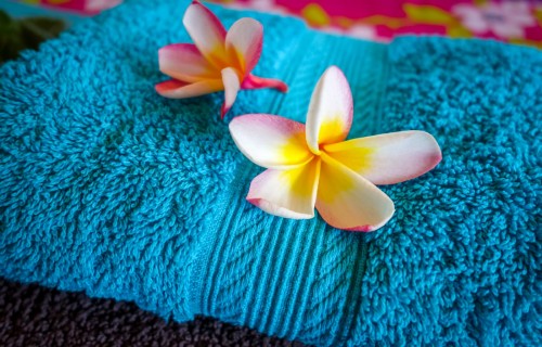 White tiare flowers on a blue towel. Zen spa background